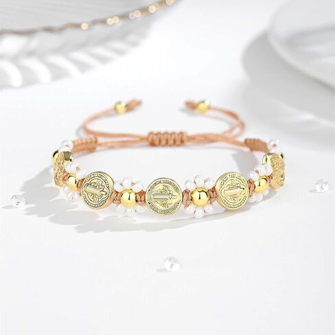 18K Gold Plated Saint Benedict Medal Bracelet‌ - Adjustable Handwoven Catholic Jewelry for Women, Spiritual Protection Religious Gift in Saudi Arabia