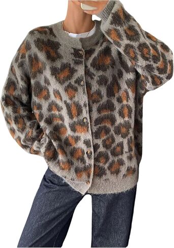 WDIRARA Women's Leopard Button Up Cardigan Sweaters Crew Neck Long Sleeve Knit Outerwear in Saudi Arabia