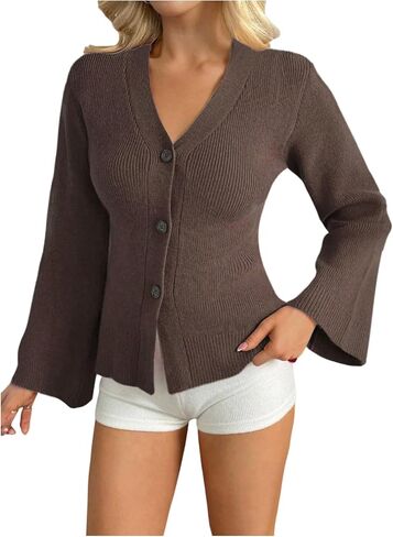 Milumia Women's Long Bell Sleeve Cardigan Cinched Waist Sweater V Neck Button Down Fall Knit Sweaters in Saudi Arabia
