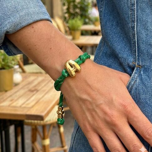 VLINRAS Green Knotted Bracelet Bubble Initial Bracelet Rope Knotty Puffy Letter Charm Personalized Jewelry in Saudi Arabia