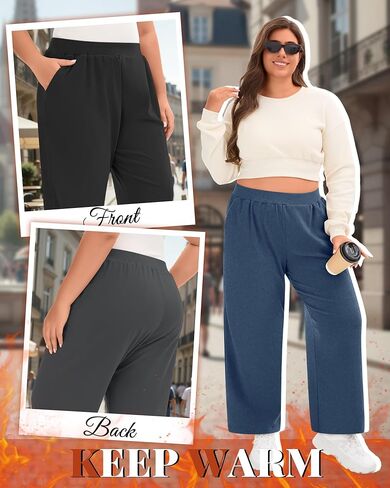 3 Pack Women's Plus Size Fleece Sweatpants Wide Leg Thermal Lounge Pants Pockets Elastic Waist Warm Trouser Jogger in Saudi Arabia
