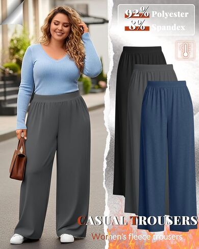 3 Pack Women's Plus Size Fleece Sweatpants Wide Leg Thermal Lounge Pants Pockets Elastic Waist Warm Trouser Jogger in Saudi Arabia