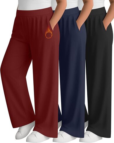 3 Pack Women's Plus Size Fleece Sweatpants Wide Leg Thermal Lounge Pants Pockets Elastic Waist Warm Trouser Jogger in Saudi Arabia