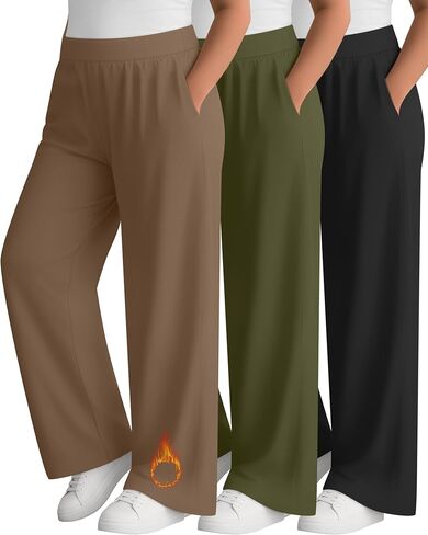 3 Pack Women's Plus Size Fleece Sweatpants Wide Leg Thermal Lounge Pants Pockets Elastic Waist Warm Trouser Jogger in Saudi Arabia