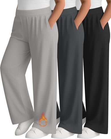 3 Pack Women's Plus Size Fleece Sweatpants Wide Leg Thermal Lounge Pants Pockets Elastic Waist Warm Trouser Jogger in Saudi Arabia