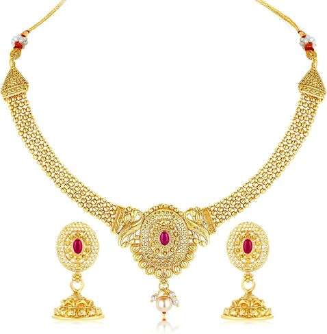 Aheli Gold Plated Rani Pink Green Synthetic Stone & Pearl Studded Necklace & Jhumki Earrings Ethnic Jewellery Set Gift for Women in Saudi Arabia