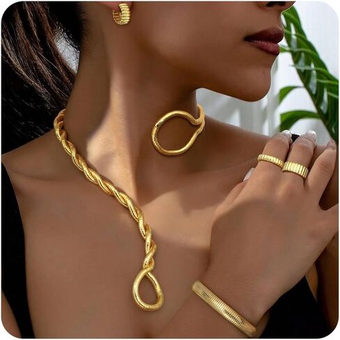 JeryWe Gold Statement Jewelry Set for Women 14K Gold Plated Choker Necklace Chunky Bangle Bracelet Stackable Knuckle Rings Hypoallergenic Hoop Earring Stack Trendy Jewelry Sets Fashion Accessories for Women in Saudi Arabia