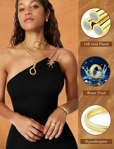 JeryWe Gold Statement Jewelry Set for Women 14K Gold Plated Choker Necklace Chunky Bangle Bracelet Stackable Knuckle Rings Hypoallergenic Hoop Earring Stack Trendy Jewelry Sets Fashion Accessories for Women in Saudi Arabia