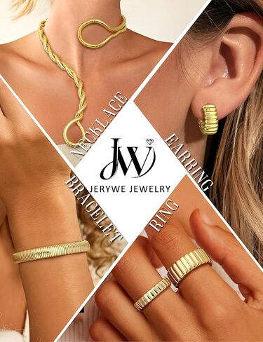 JeryWe Gold Statement Jewelry Set for Women 14K Gold Plated Choker Necklace Chunky Bangle Bracelet Stackable Knuckle Rings Hypoallergenic Hoop Earring Stack Trendy Jewelry Sets Fashion Accessories for Women in Saudi Arabia