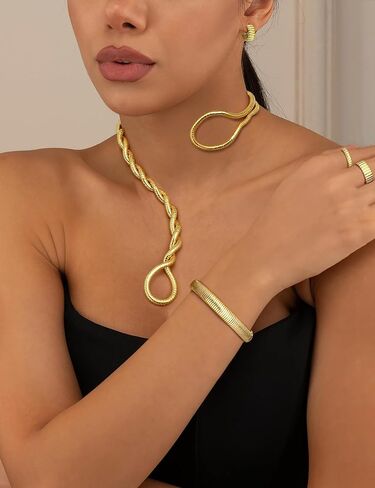JeryWe Gold Statement Jewelry Set for Women 14K Gold Plated Choker Necklace Chunky Bangle Bracelet Stackable Knuckle Rings Hypoallergenic Hoop Earring Stack Trendy Jewelry Sets Fashion Accessories for Women in Saudi Arabia
