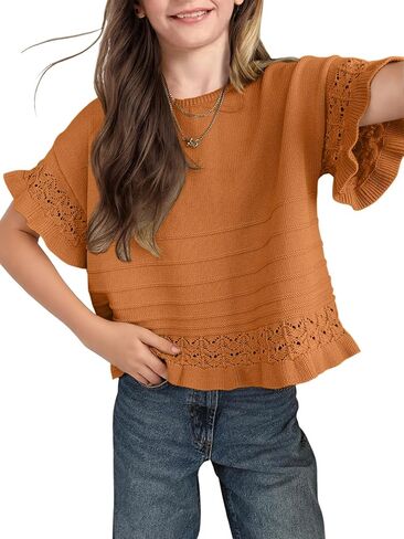 Girls Spring Cropped Tops Teen Fashion Sweater Fall Summer Short Sleeve Ruffled Crochet Kids Casual Pullover Top in Saudi Arabia