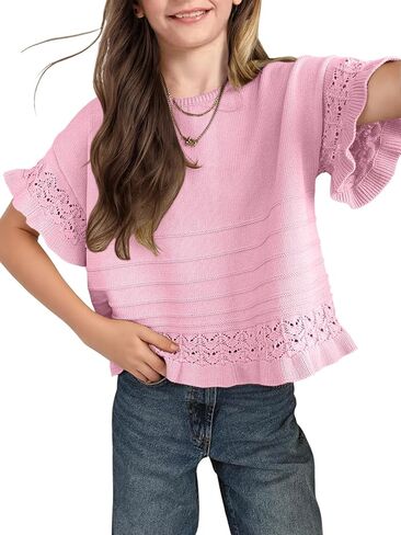 Girls Spring Cropped Tops Teen Fashion Sweater Fall Summer Short Sleeve Ruffled Crochet Kids Casual Pullover Top in Saudi Arabia
