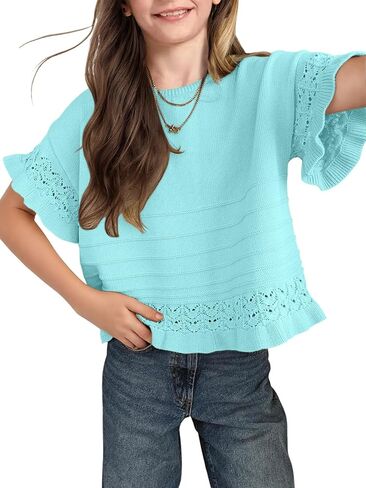 Girls Spring Cropped Tops Teen Fashion Sweater Fall Summer Short Sleeve Ruffled Crochet Kids Casual Pullover Top in Saudi Arabia