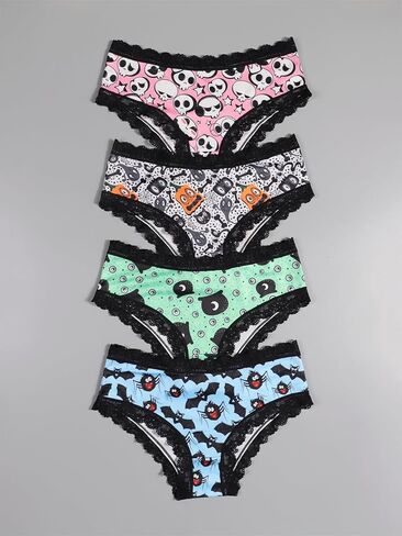 Halloween Themed Women's Hipster Panties, 4 Pack, Lace Trim, Skull Ghost Bat Spider Print in Saudi Arabia
