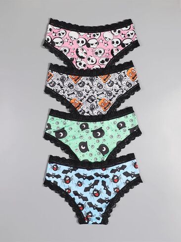 Halloween Themed Women's Hipster Panties, 4 Pack, Lace Trim, Skull Ghost Bat Spider Print in Saudi Arabia