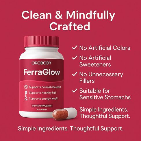 كبسولات دعم الحديد اليومية من FerraGlow مع بيسجليسينات الحديد واللاكتوفيرين وفيتامين C B12 وتركيبة امتصاص لطيفة للنساء لدعم طاقة الشعر الصحي اليومي - 60 قطعة (1) in Kuwait