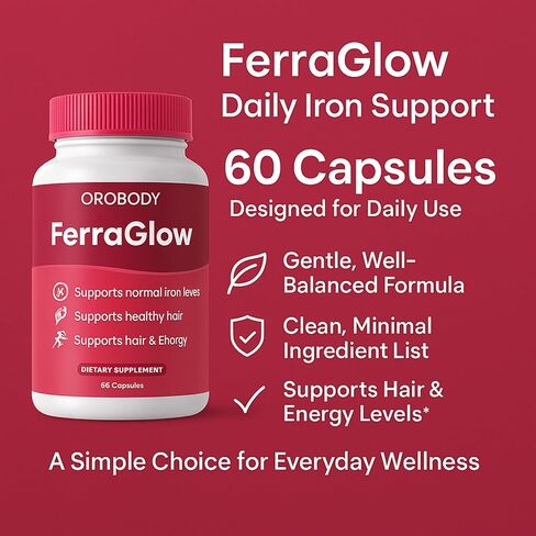 كبسولات دعم الحديد اليومية من FerraGlow مع بيسجليسينات الحديد واللاكتوفيرين وفيتامين C B12 وتركيبة امتصاص لطيفة للنساء لدعم طاقة الشعر الصحي اليومي - 60 قطعة (1) in Kuwait