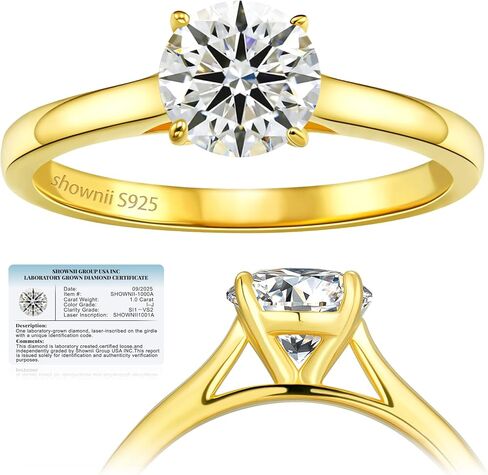 shownii Diamond Ring Certified Lab Grown Diamond Engagement Rings for Women 4 Prong Solitaire Round 14K Gold Plated Sterling Silver 0.5CT 1CT Wedding Band Jewelry Gift (I-J Color, S1-VS2 Clarity) in Saudi Arabia