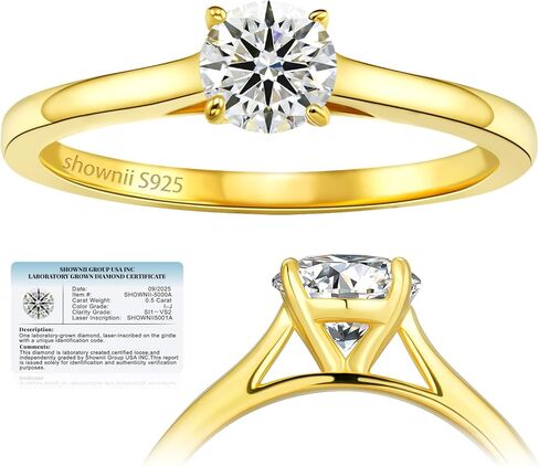 shownii Diamond Ring Certified Lab Grown Diamond Engagement Rings for Women 4 Prong Solitaire Round 14K Gold Plated Sterling Silver 0.5CT 1CT Wedding Band Jewelry Gift (I-J Color, S1-VS2 Clarity) in Saudi Arabia