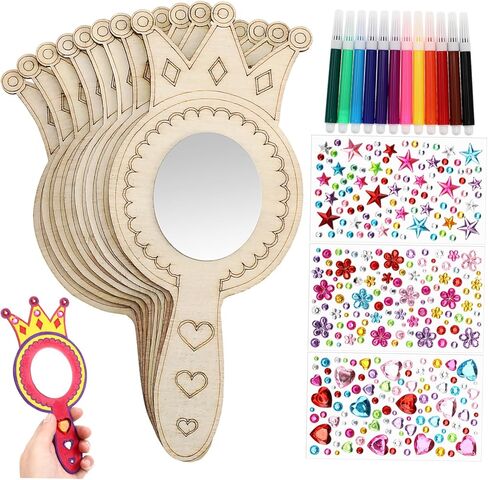 Toddmomy 1set Handheld Mirrors for Boys and Girls Unfinished Wood Shaped Craft Mirrors Watercolor Pens Rhinestone Creative Art Activity for Boys and Girls in Saudi Arabia