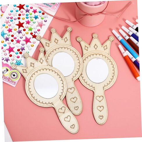 Toddmomy 1set Handheld Mirrors for Boys and Girls Unfinished Wood Shaped Craft Mirrors Watercolor Pens Rhinestone Creative Art Activity for Boys and Girls in Saudi Arabia