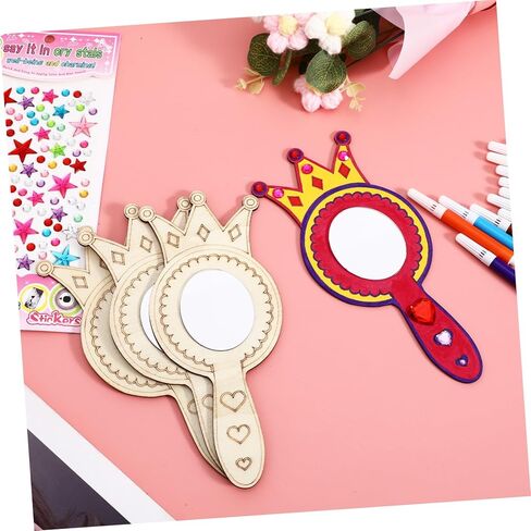 Toddmomy 1set Handheld Mirrors for Boys and Girls Unfinished Wood Shaped Craft Mirrors Watercolor Pens Rhinestone Creative Art Activity for Boys and Girls in Saudi Arabia