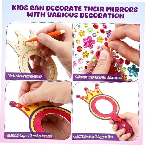 Toddmomy 1set Handheld Mirrors for Boys and Girls Unfinished Wood Shaped Craft Mirrors Watercolor Pens Rhinestone Creative Art Activity for Boys and Girls in Saudi Arabia