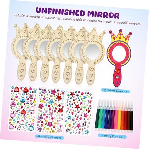 Toddmomy 1set Handheld Mirrors for Boys and Girls Unfinished Wood Shaped Craft Mirrors Watercolor Pens Rhinestone Creative Art Activity for Boys and Girls in Saudi Arabia