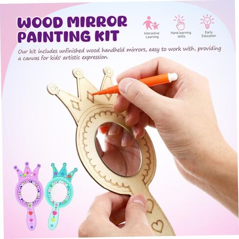 Toddmomy 1set Handheld Mirrors for Boys and Girls Unfinished Wood Shaped Craft Mirrors Watercolor Pens Rhinestone Creative Art Activity for Boys and Girls in Saudi Arabia