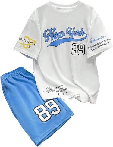Verdusa Boy's 2 Piece Outfits Jersey Shirts Letter Graphic Short Sleeve T Shirt and Shorts Set in Saudi Arabia