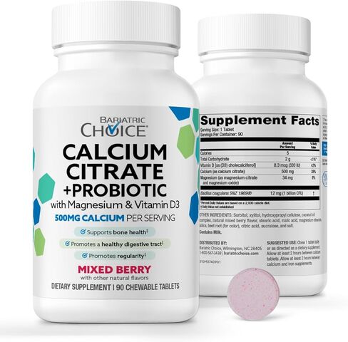 Bariatric Choice Chewable Calcium Citrate 500mg with Vitamin D3, Magnesium & Probiotics for Bariatric Surgery Patients Including Gastric Bypass & Sleeve Gastrectomy, Sugar-Free -Berry Flavor, 90 Count in Saudi Arabia