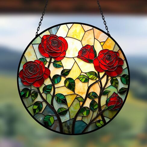 Red Rose Stained Acrylic Window Hanging, Plant Flowers Acrylic Window Decor Hanging Ornaments Indoor Outdoor Garden Stained Art Panel Gift for Women Mother's Day Christmas Day in Saudi Arabia