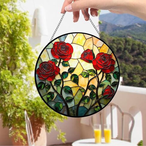 Red Rose Stained Acrylic Window Hanging, Plant Flowers Acrylic Window Decor Hanging Ornaments Indoor Outdoor Garden Stained Art Panel Gift for Women Mother's Day Christmas Day in Saudi Arabia
