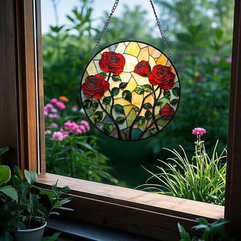 Red Rose Stained Acrylic Window Hanging, Plant Flowers Acrylic Window Decor Hanging Ornaments Indoor Outdoor Garden Stained Art Panel Gift for Women Mother's Day Christmas Day in Saudi Arabia