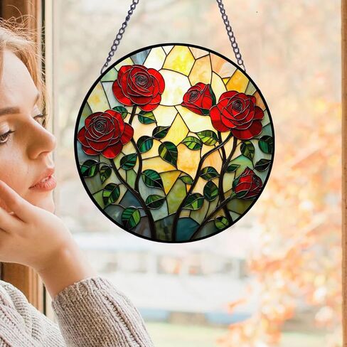 Red Rose Stained Acrylic Window Hanging, Plant Flowers Acrylic Window Decor Hanging Ornaments Indoor Outdoor Garden Stained Art Panel Gift for Women Mother's Day Christmas Day in Saudi Arabia