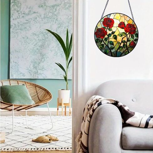 Red Rose Stained Acrylic Window Hanging, Plant Flowers Acrylic Window Decor Hanging Ornaments Indoor Outdoor Garden Stained Art Panel Gift for Women Mother's Day Christmas Day in Saudi Arabia