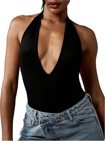Milumia Women's Deep V Neck Halter Bodysuit Sleeveless Open Back Going Out Party Leotard in Saudi Arabia