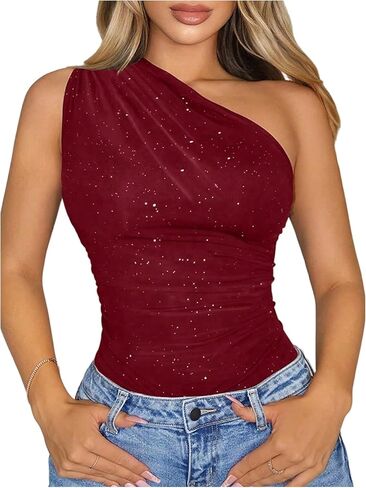 GORGLITTER Women's Sexy Glitter Sparkly Sleeveless One Shoulder Bodysuit Side Ruched Party Club Night Tops in Saudi Arabia