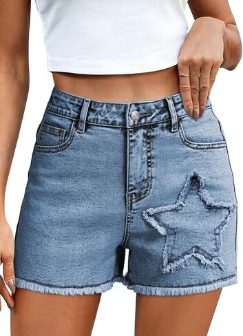 Pink Queen Women's High Waisted Denim Shorts 2026 Casual Star/Bow Frayed Hem Summer Hot Short Jeans with Pockets in Saudi Arabia