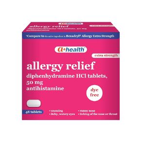 A+Health Allergy Relief، أقراص Diphenhydramine HCl 50 مجم، قوة إضافية، 150 قرصًا، مضادات الهيستامين، سيلان الأنف والعطس والعيون الدامعة in Kuwait