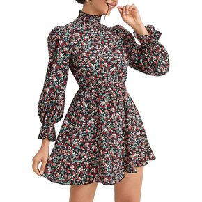 Floerns Women's Floral Print Long Sleeve Mock Neck Ruffle Hem Short Swing Shift Dresses in Saudi Arabia