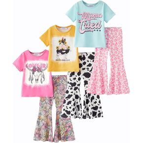 Girls Flare Pants Sets, Toddler & Big Kids 2-Piece Graphic Tee and Bell Pants Clothing Set Stretchy Outfits 3-Pack in Kuwait