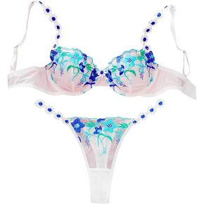 Womens Lingerie Set Underwire Cute Underwear Lace Mesh Blue Flora Embroidered Panty Bra in Saudi Arabia