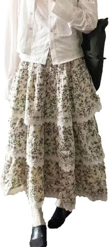Womens Y2K Polka Dot Plaid Patchwork Floral Ruffled Midi Skirts Lace Elastic Flowy Layered Tiered Skirt in Saudi Arabia