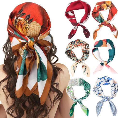 6 PCS Head Scarf for Women Hair 27'' Square Satin Silk Feeling Hair Scarves Bnadana Fashion Neckerchief for Neck & Bag in Saudi Arabia