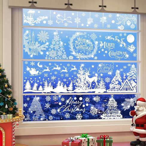 150+ قطعة من ملصقات نافذة عيد الميلاد اللامعة، رقاقات الثلج البيضاء شجرة عيد الميلاد الرنة ملصقات ثابتة لتزيين عيد الميلاد لوازم حفلات الشتاء العجائب in Kuwait