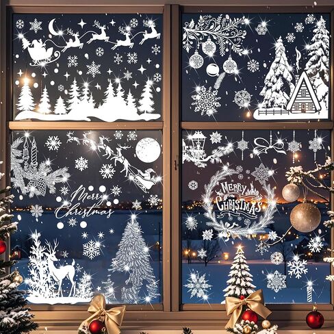 150+ قطعة من ملصقات نافذة عيد الميلاد اللامعة، رقاقات الثلج البيضاء شجرة عيد الميلاد الرنة ملصقات ثابتة لتزيين عيد الميلاد لوازم حفلات الشتاء العجائب in Kuwait
