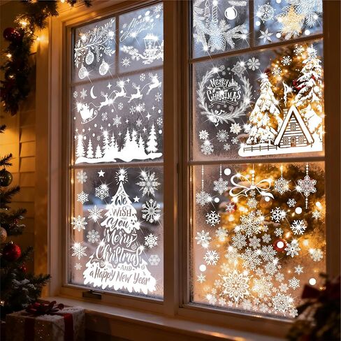 150+ قطعة من ملصقات نافذة عيد الميلاد اللامعة، رقاقات الثلج البيضاء شجرة عيد الميلاد الرنة ملصقات ثابتة لتزيين عيد الميلاد لوازم حفلات الشتاء العجائب in Kuwait