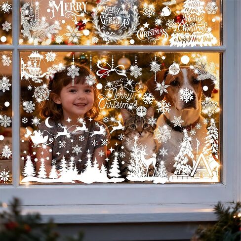 150+ قطعة من ملصقات نافذة عيد الميلاد اللامعة، رقاقات الثلج البيضاء شجرة عيد الميلاد الرنة ملصقات ثابتة لتزيين عيد الميلاد لوازم حفلات الشتاء العجائب in Kuwait