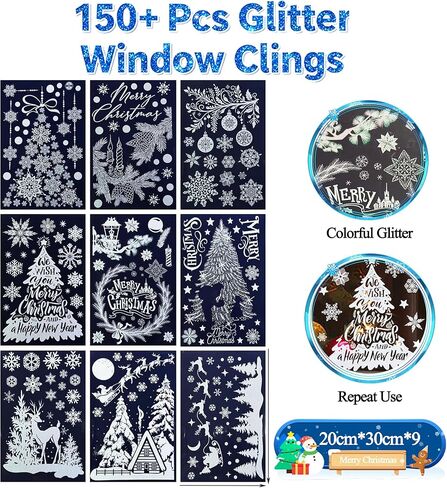 150+ قطعة من ملصقات نافذة عيد الميلاد اللامعة، رقاقات الثلج البيضاء شجرة عيد الميلاد الرنة ملصقات ثابتة لتزيين عيد الميلاد لوازم حفلات الشتاء العجائب in Kuwait